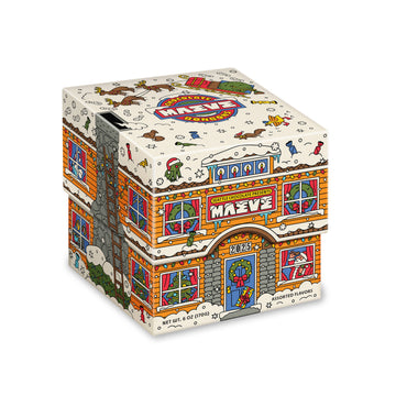 decorative candy box shaped like a house with santa on it  and various bonbon candy flavors 