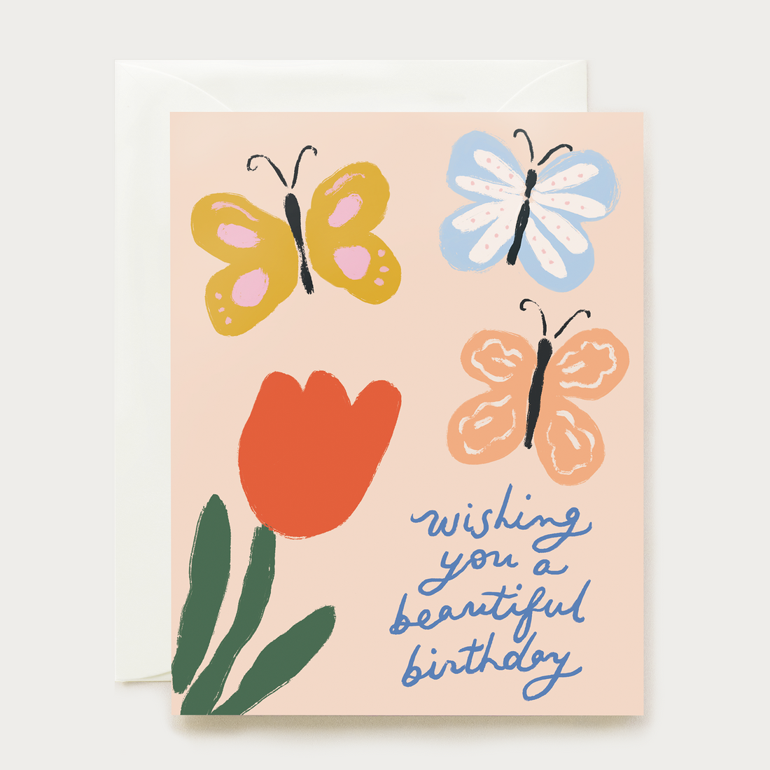 Birthday Greeting card with butterflies and a tulip, featuring the text 'wishing you a beautiful birthday'.
