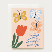 Birthday Greeting card with butterflies and a tulip, featuring the text 'wishing you a beautiful birthday'.