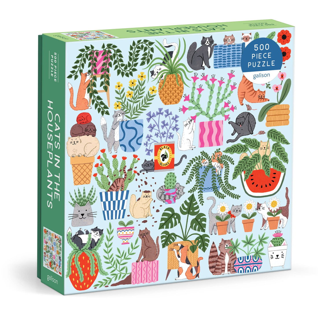 500 piece puzzle with cats and houseplants 