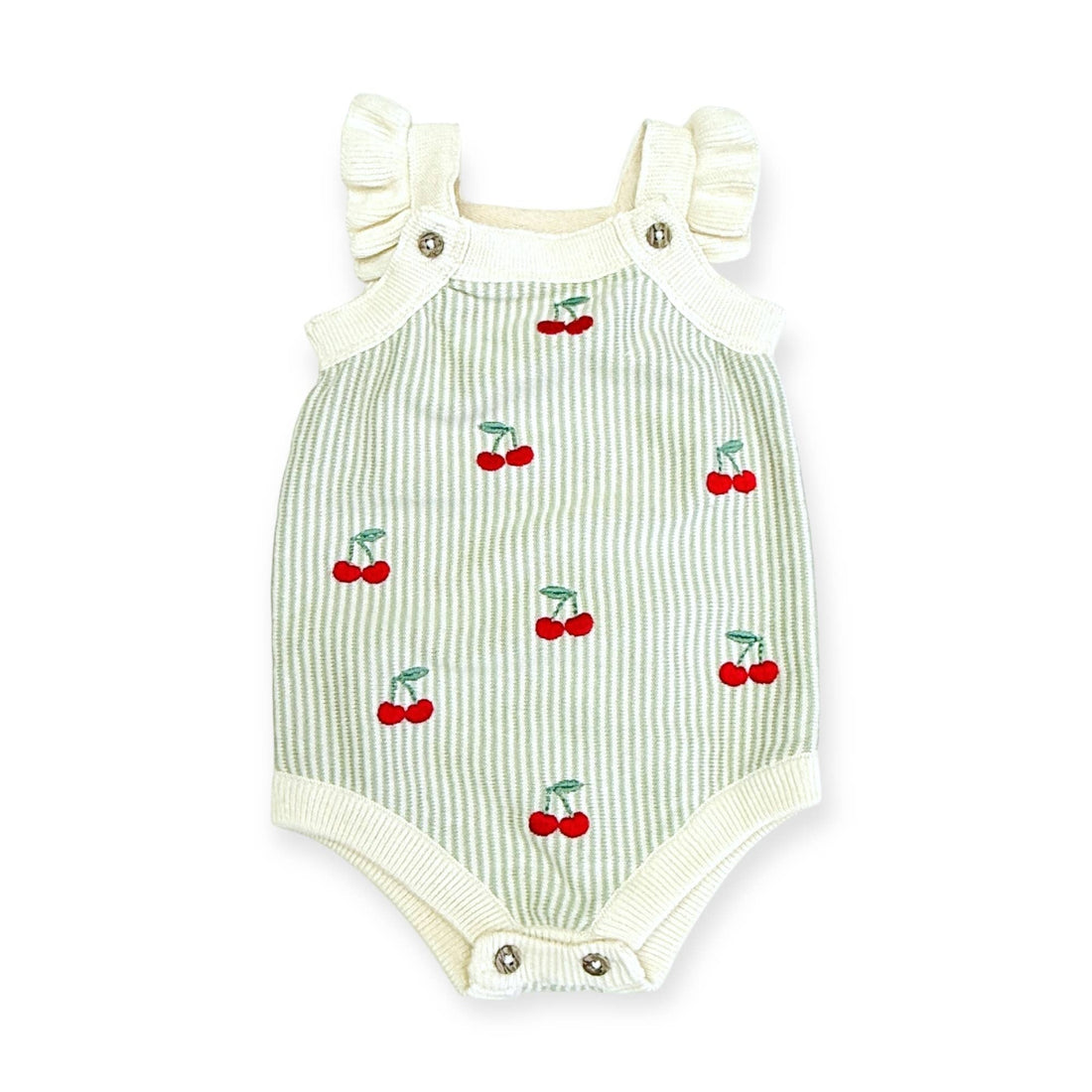 Baby romper with cherry pattern and green pinstripes