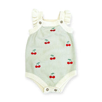 Baby romper with cherry pattern and green pinstripes
