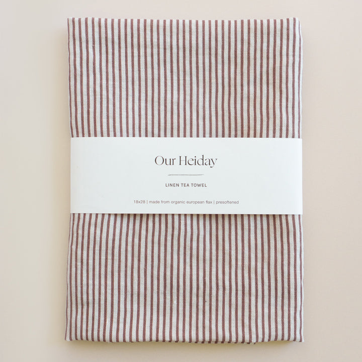 wine colored striped linen tea towel