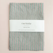 our heiday red and green vintage stripe linen tea towel holiday