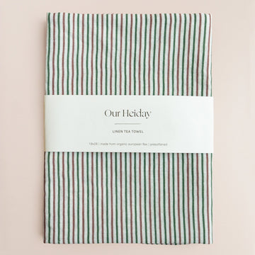 our heiday red and green vintage stripe linen tea towel holiday