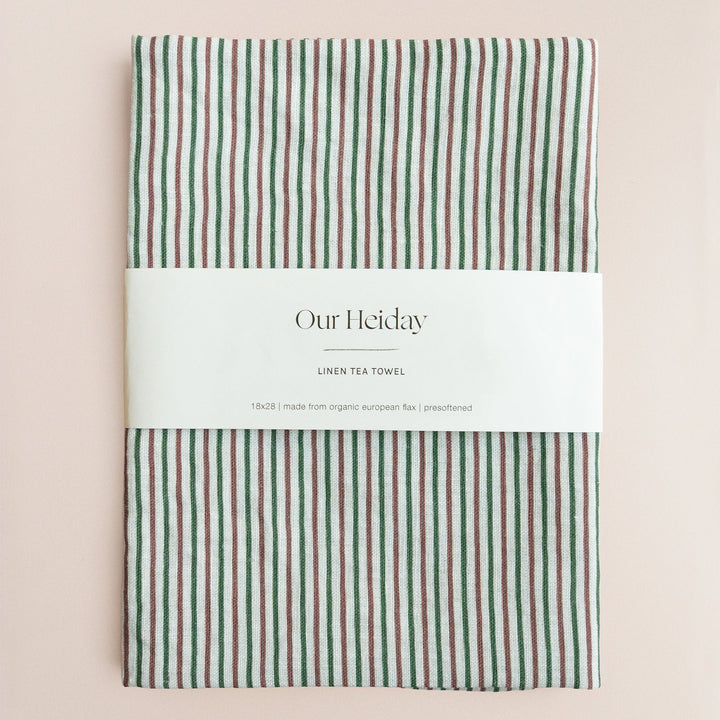 our heiday red and green vintage stripe linen tea towel holiday