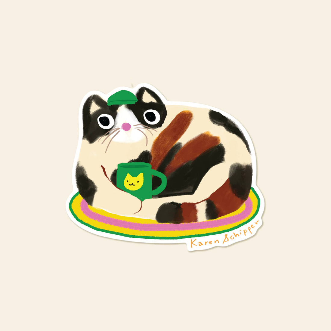 vinyl sticker featuring a cat holding a coffee mug