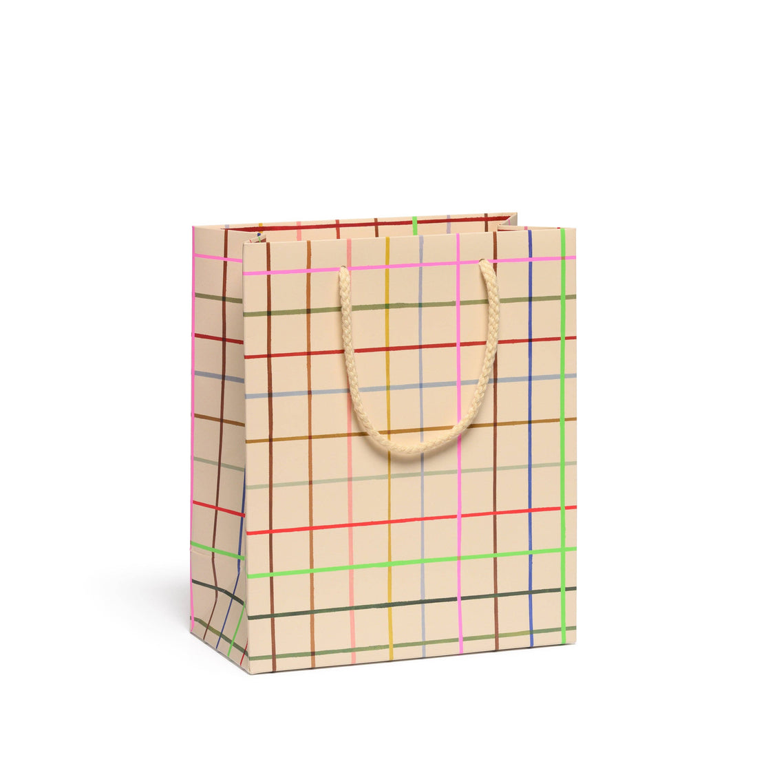 Beige gift bag with colorful plaid pattern 