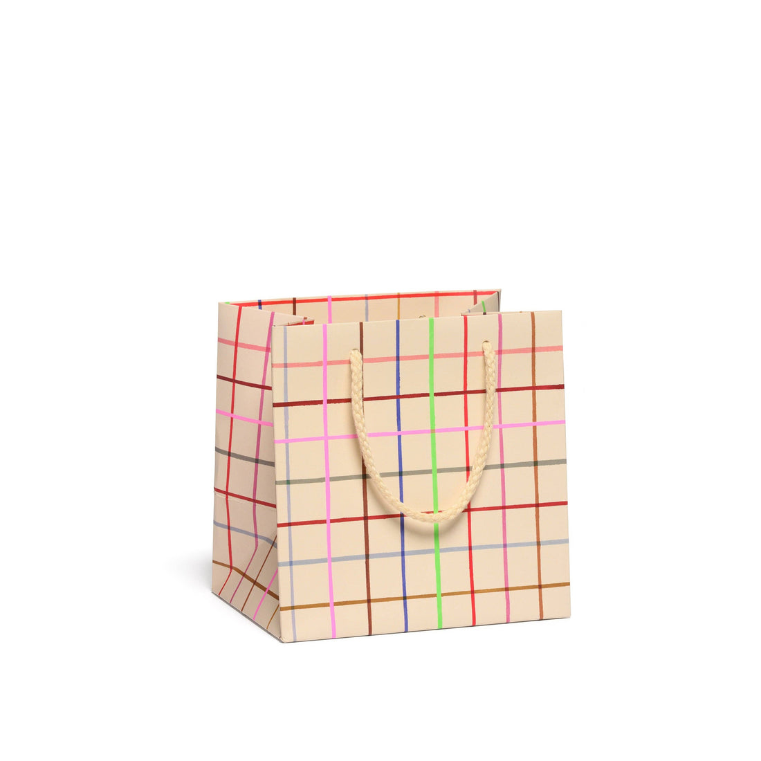 Beige small gift bag with colorful plaid pattern 