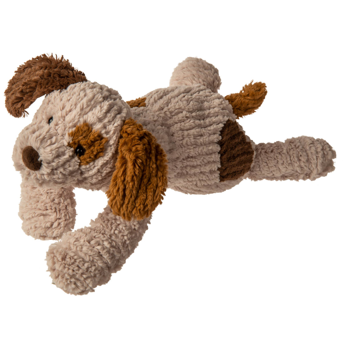 Plush dog toy with brown and beige colors with chenille fabric