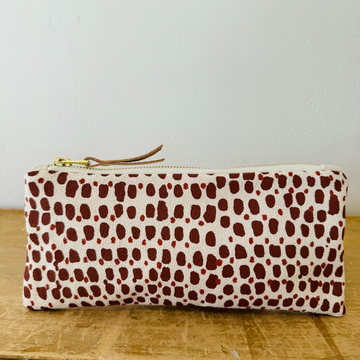 dark red spotted patterned white pencil pouch 