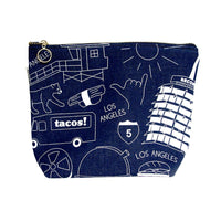 denim beauty pouch Los Angeles themed