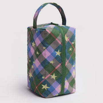 green, purple, and blue plaid toiletry bag with stars 