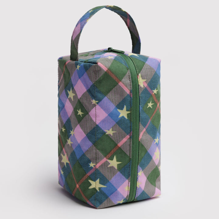 green, purple, and blue plaid toiletry bag with stars 