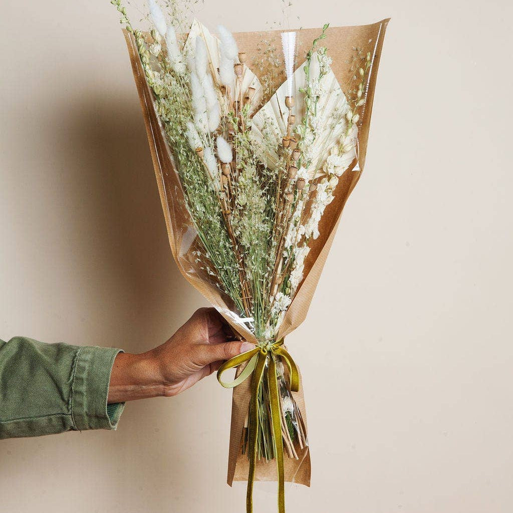vase filler dried floral bouquet with white and green florals 