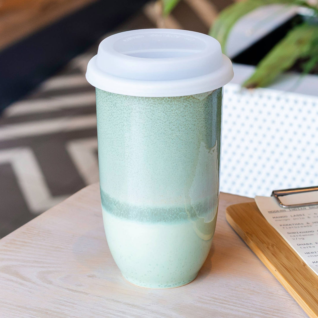 emerald green ceramic travel mug 16 oz