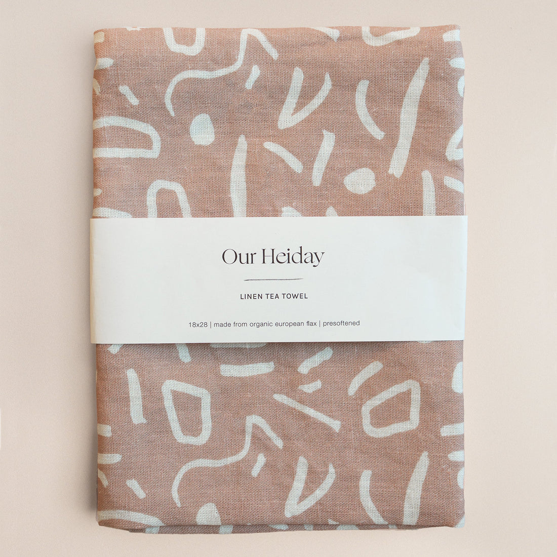 neutral Linen tea towel with abstract white pattern 