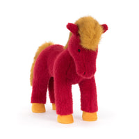 Plush toy horse with red body and yellow mane and hooves jellycat