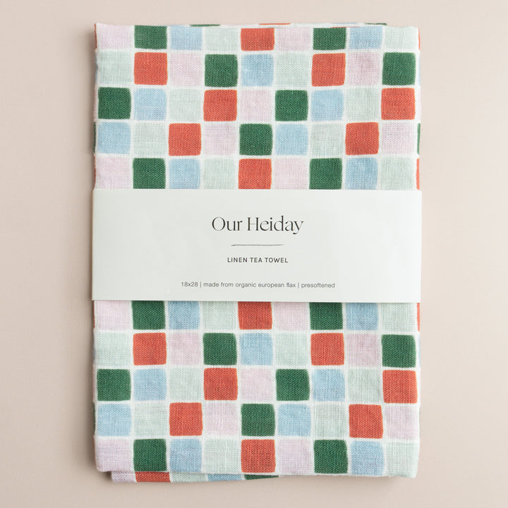 festive colorful tile holiday linen tea towel 