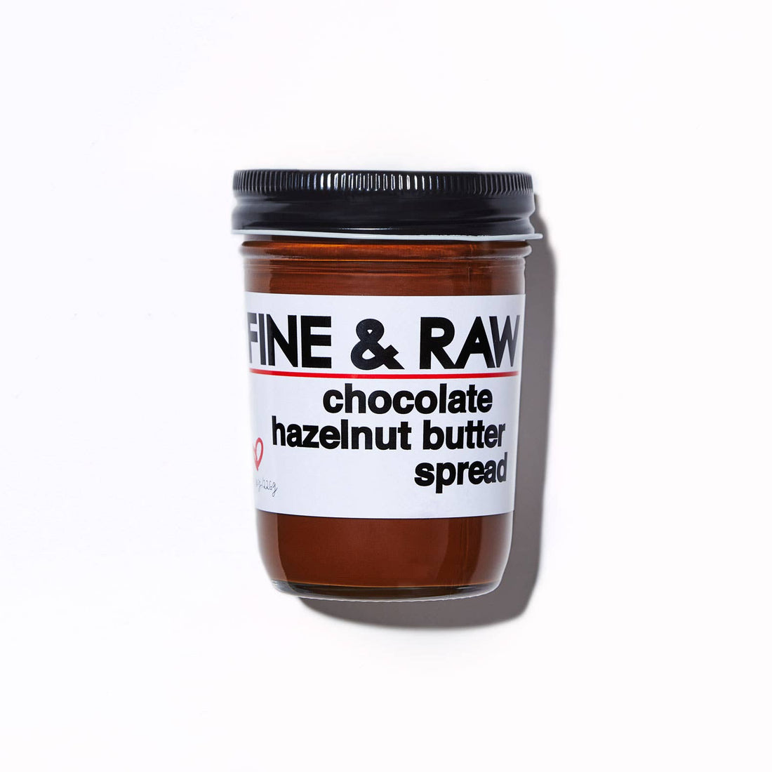 Jar of chocolate hazelnut butter spread with a label on a white background