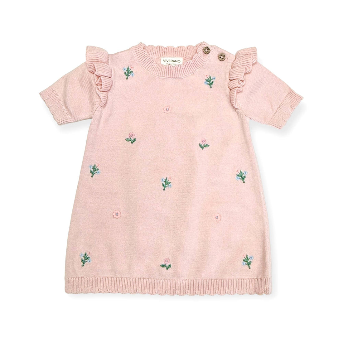 short sleeve pink ruffle dress for babies with embroidered flowers 