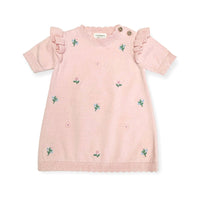 short sleeve pink ruffle dress for babies with embroidered flowers 