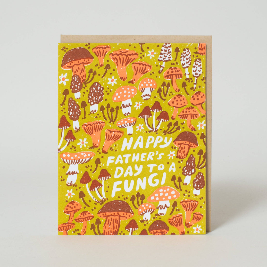 Greeting card with mushroom illustrations and 'Happy Father's Day to a Fungi' text 