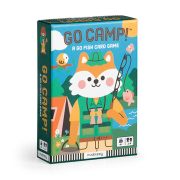 a go fish card game box titled 'GO CAMP!' with a cartoon fox character on a white background