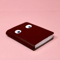 Brown leather notebook with googly eyes