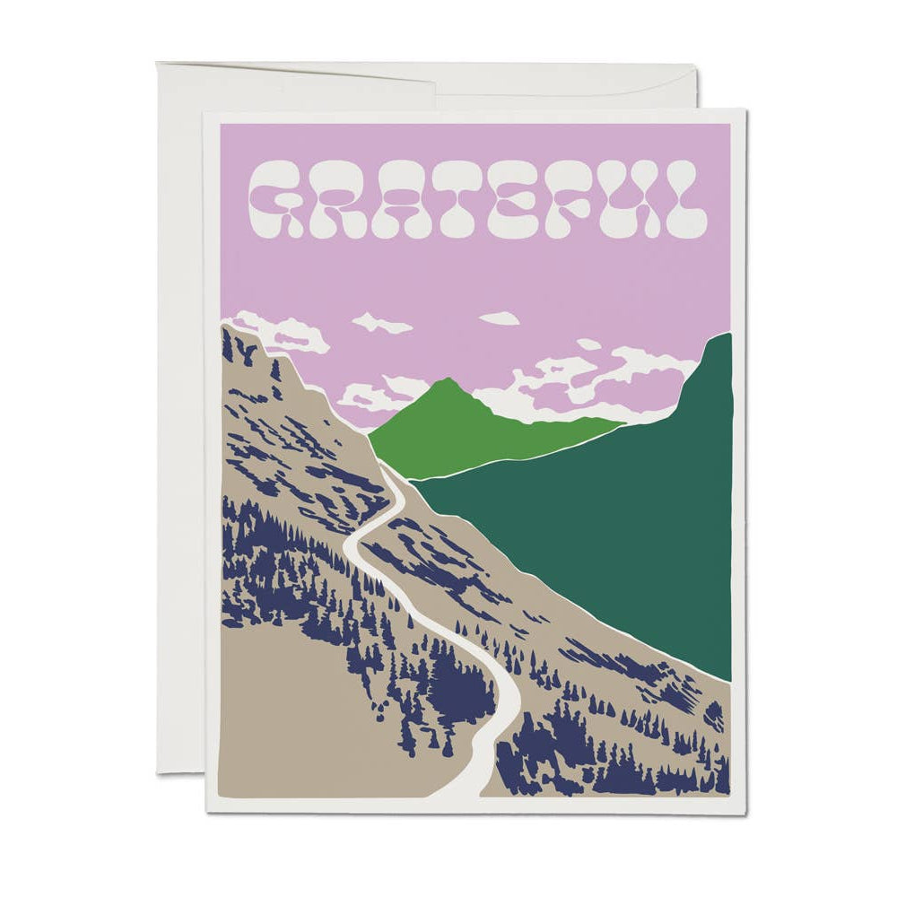 Greeting card with mountain landscape and 'Grateful' text 