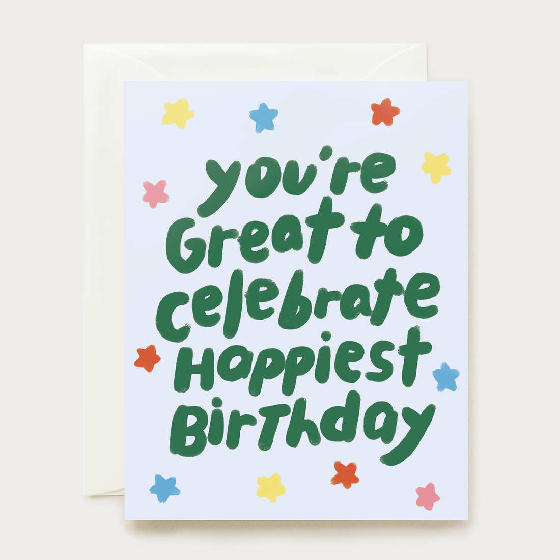 Birthday card with colorful text 'you're great to celebrate' and star decorations 