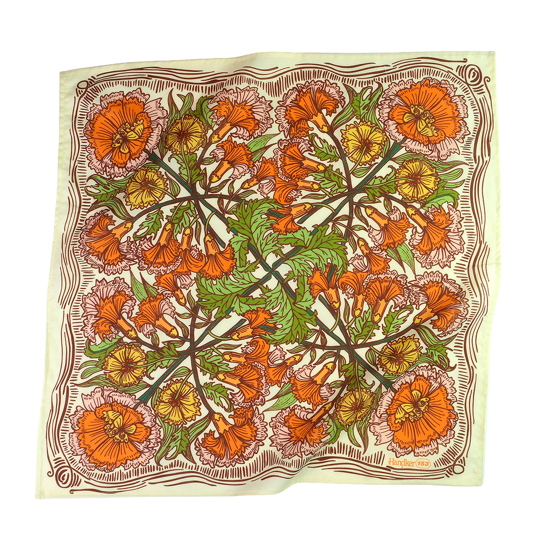 Floral patterned bandana with orange, green, and yellow flowers 
