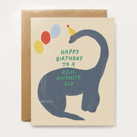 Birthday card with a dinosaur illustration and balloons 