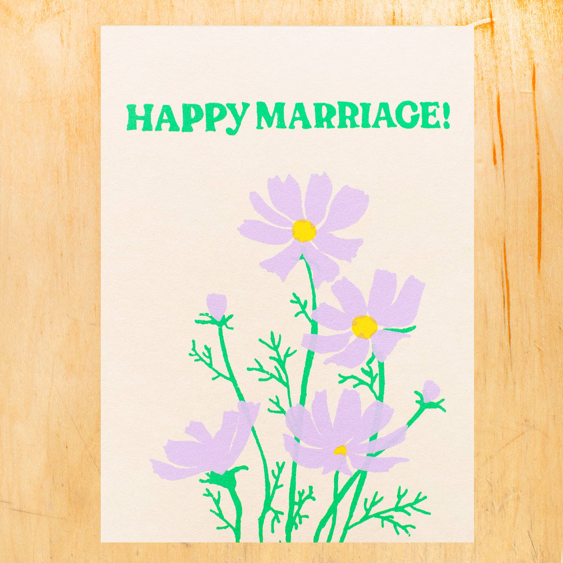 Card with purple flowers and 'Happy Marriage!' text 