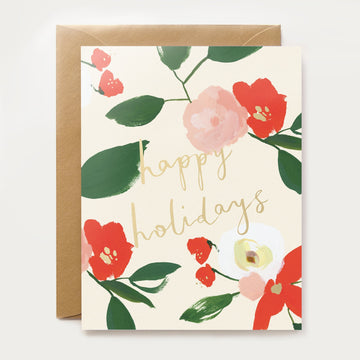 happy holidays card with red and pink florals our heiday