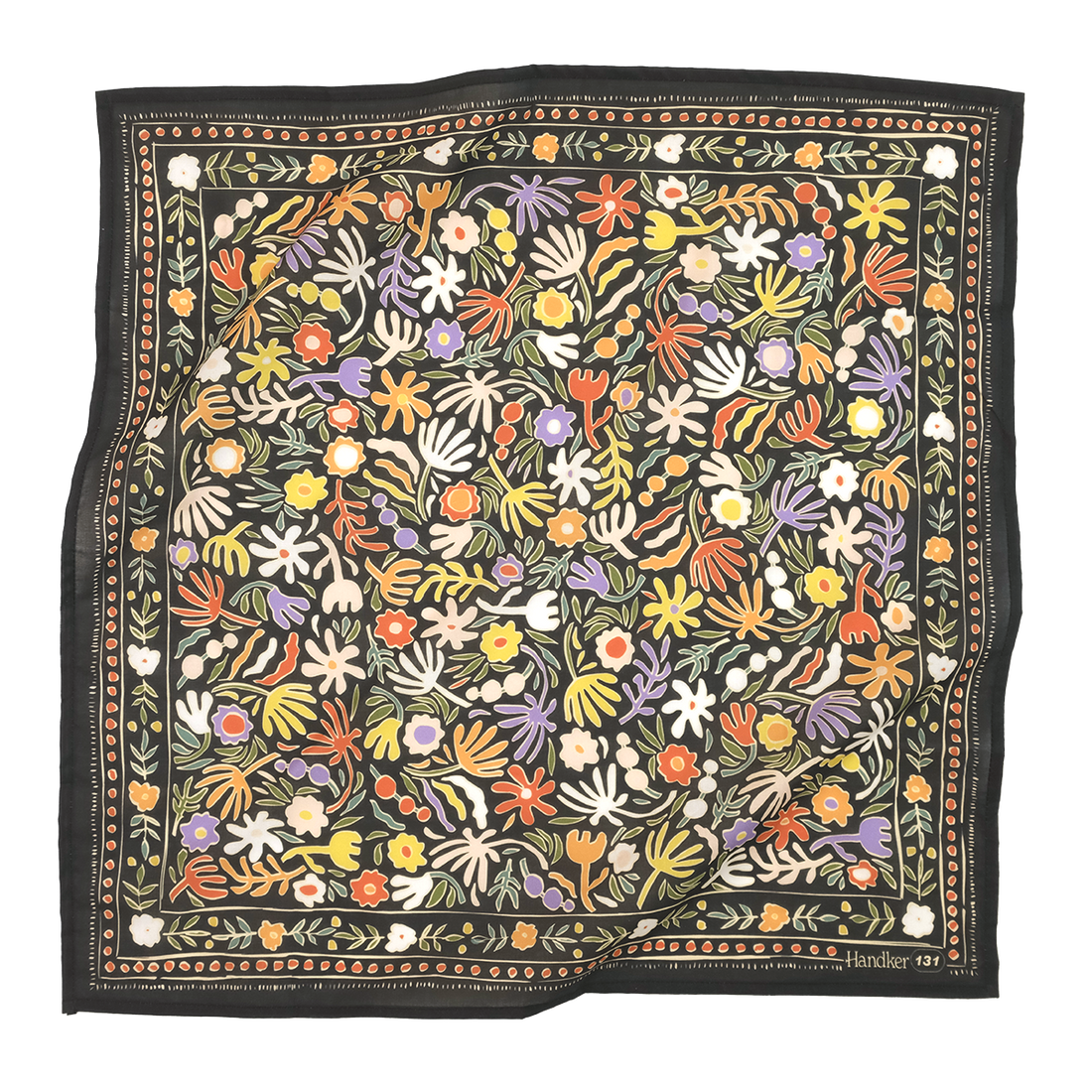 Colorful floral patterned bandana with a black border