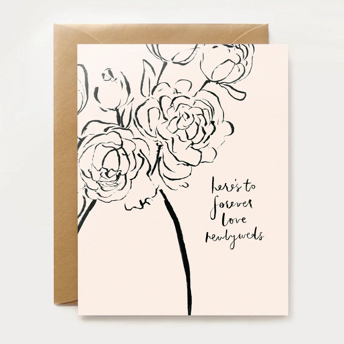 floral arrangement wedding card with 'here's to forever love newlyweds' text 