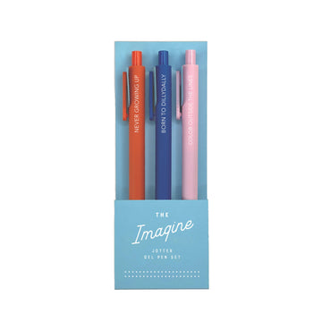 set of 3 jotter pens in various colors with sayings "never growing up" "born to dillydally"