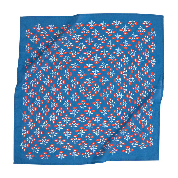 Blue cotton bandana with red and white floral pattern