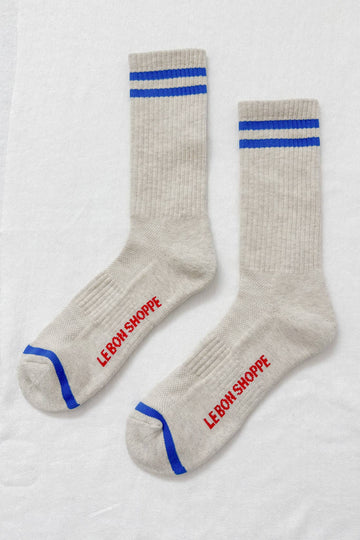 extended boyfriend socks in cream color with blue stripes 