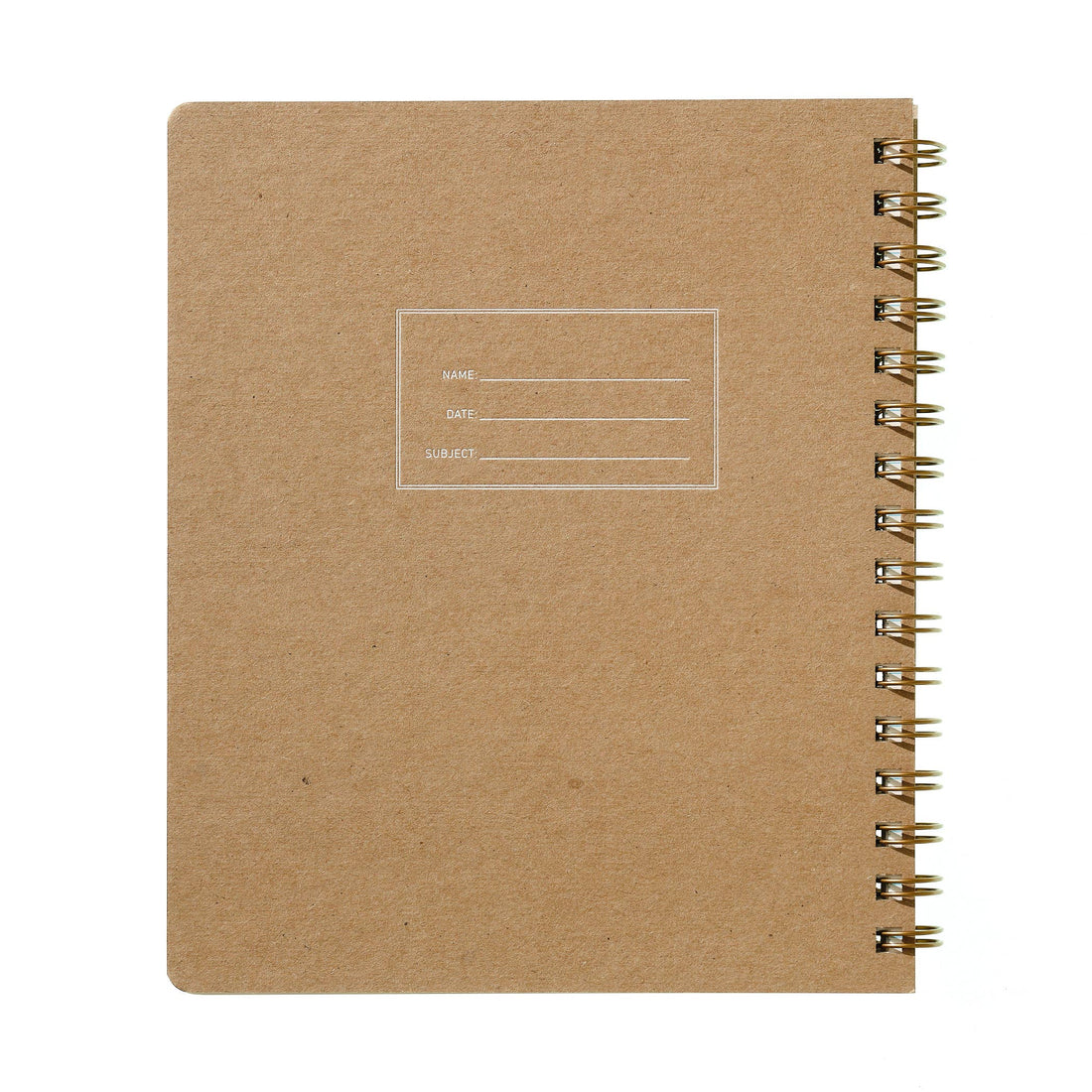 kraft colored lined notebook with gold spiral binding for left handed users 