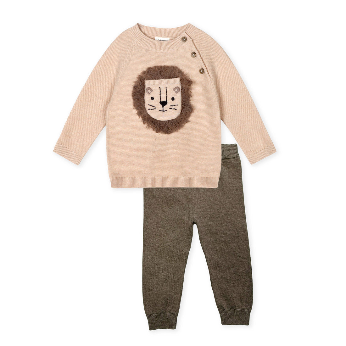 knit sweater pant set for babies with a lion on the sweater 