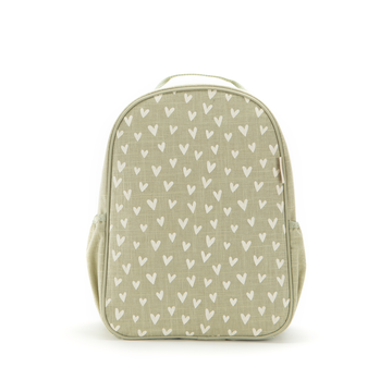 Sage backpack with little white hearts 