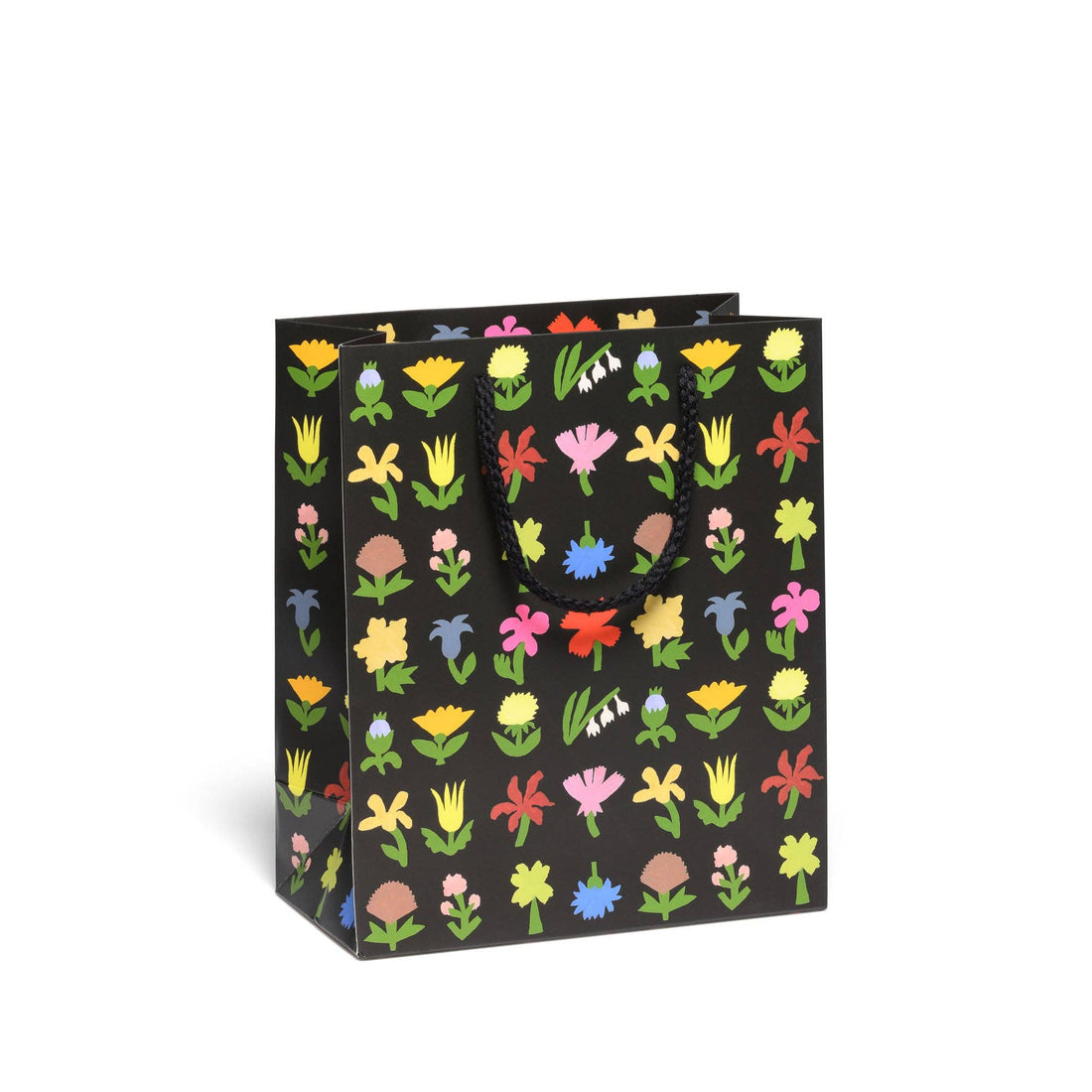 Black gift bag with colorful floral pattern 