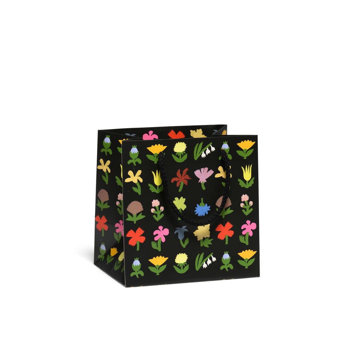 Black gift bag with colorful floral pattern 