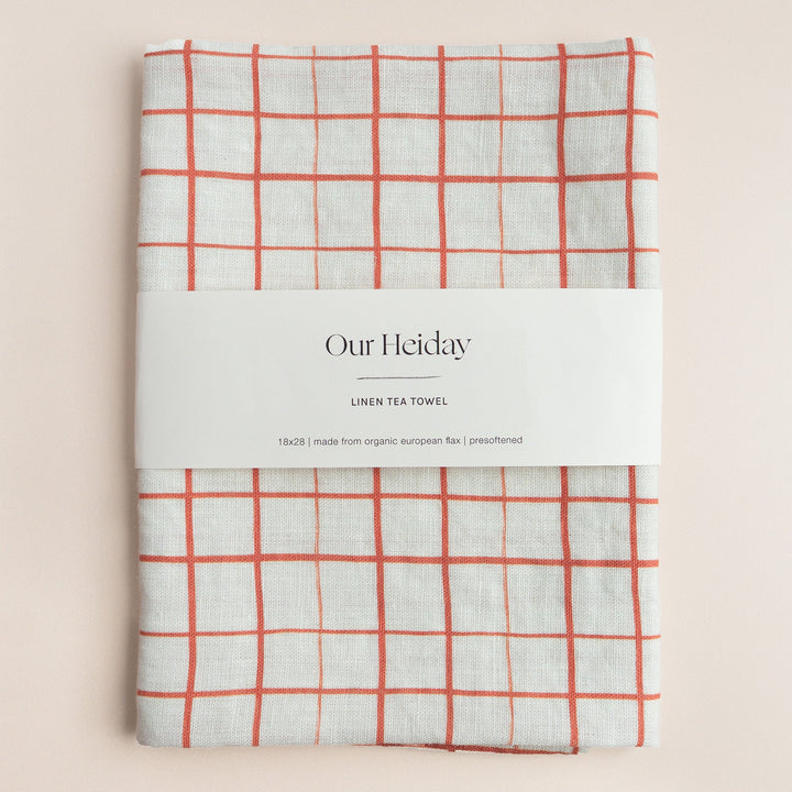 crimson red grid holiday linen tea towel