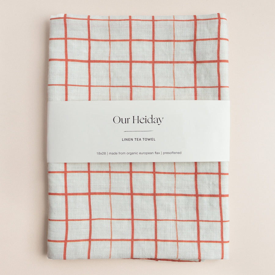 crimson red grid holiday linen tea towel