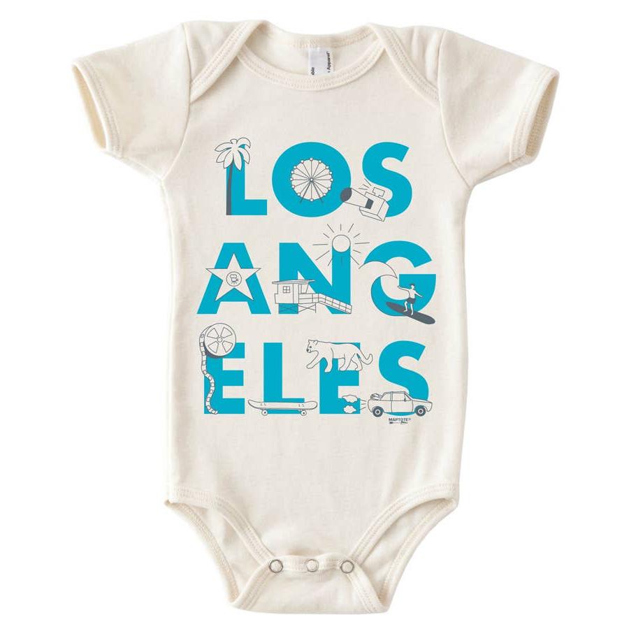 cream colored onesie with los angeles in blue lettering and los angeles imagery