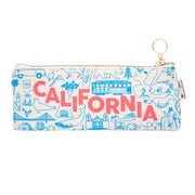 pencil pouch with california in red lettering and california imagery