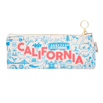 pencil pouch with california in red lettering and california imagery